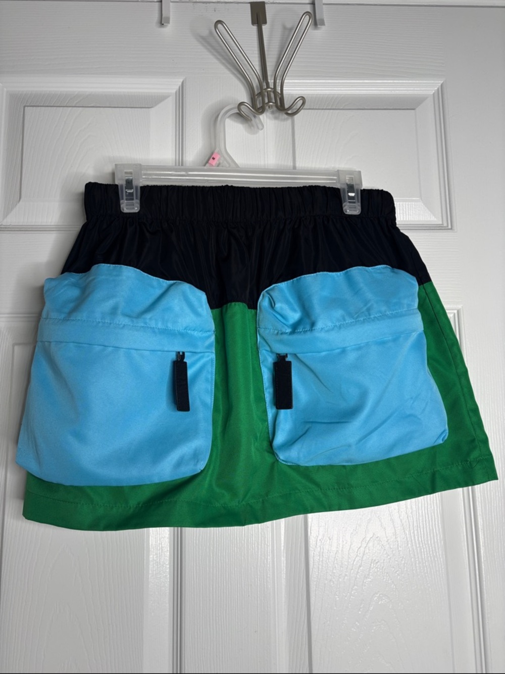 Colorblock Mini Skirt with Front Pockets - Black, Green & Light Blue